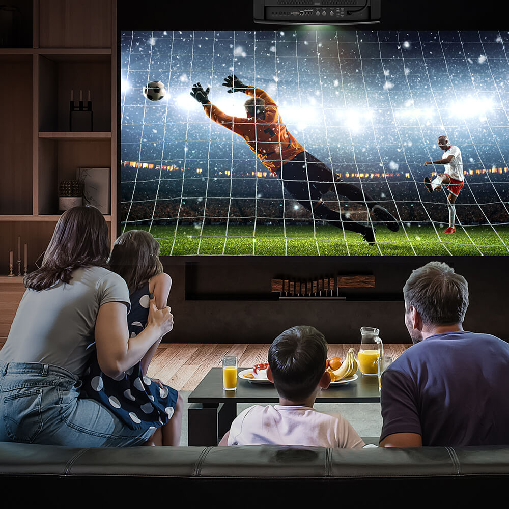 People watching Oppenheimer on a large smart TV in a dark modern living room setup with streaming platforms like Netflix, Disney+, Prime Video, and Hulu — perfect for immersive home cinema experiences